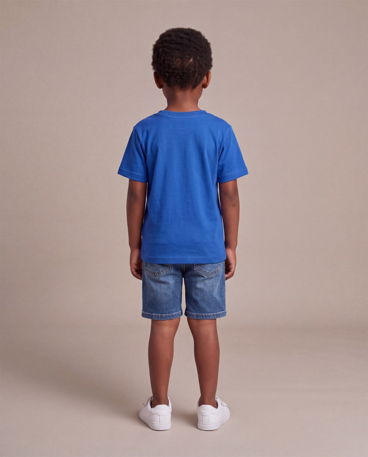 Hopper royal blue kids t-shirt worn by a model, back