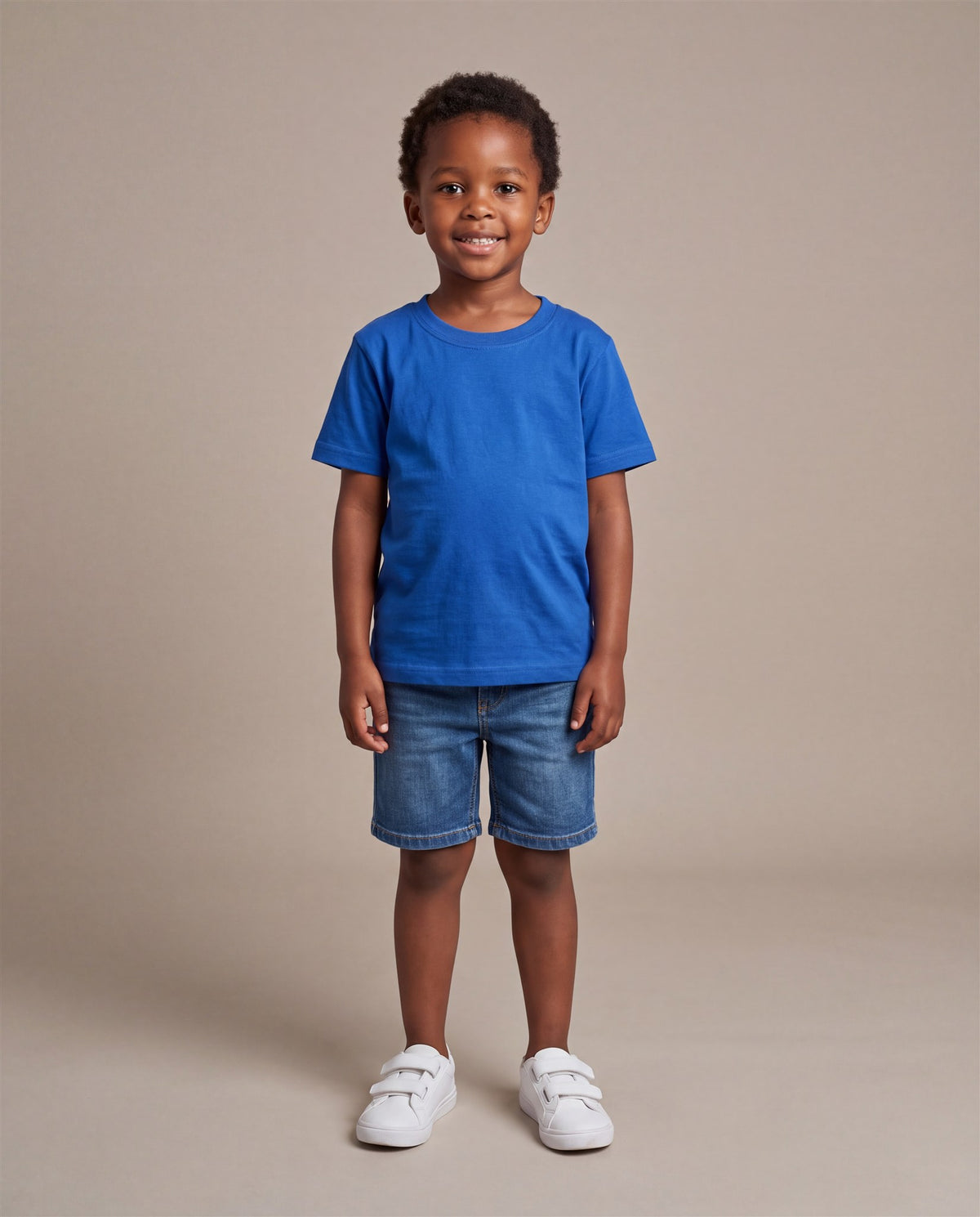 Hopper royal blue kids t-shirt worn by a model, front