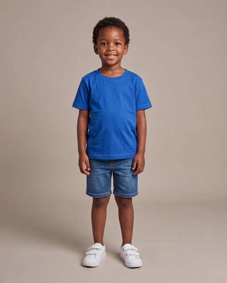 Hopper royal blue kids t-shirt worn by a model, front