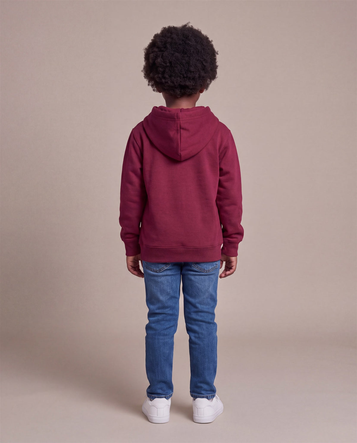 Hopper burgundy kids hoodie worn by a model, back