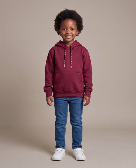 Hopper burgundy kids hoodie worn by a model, front