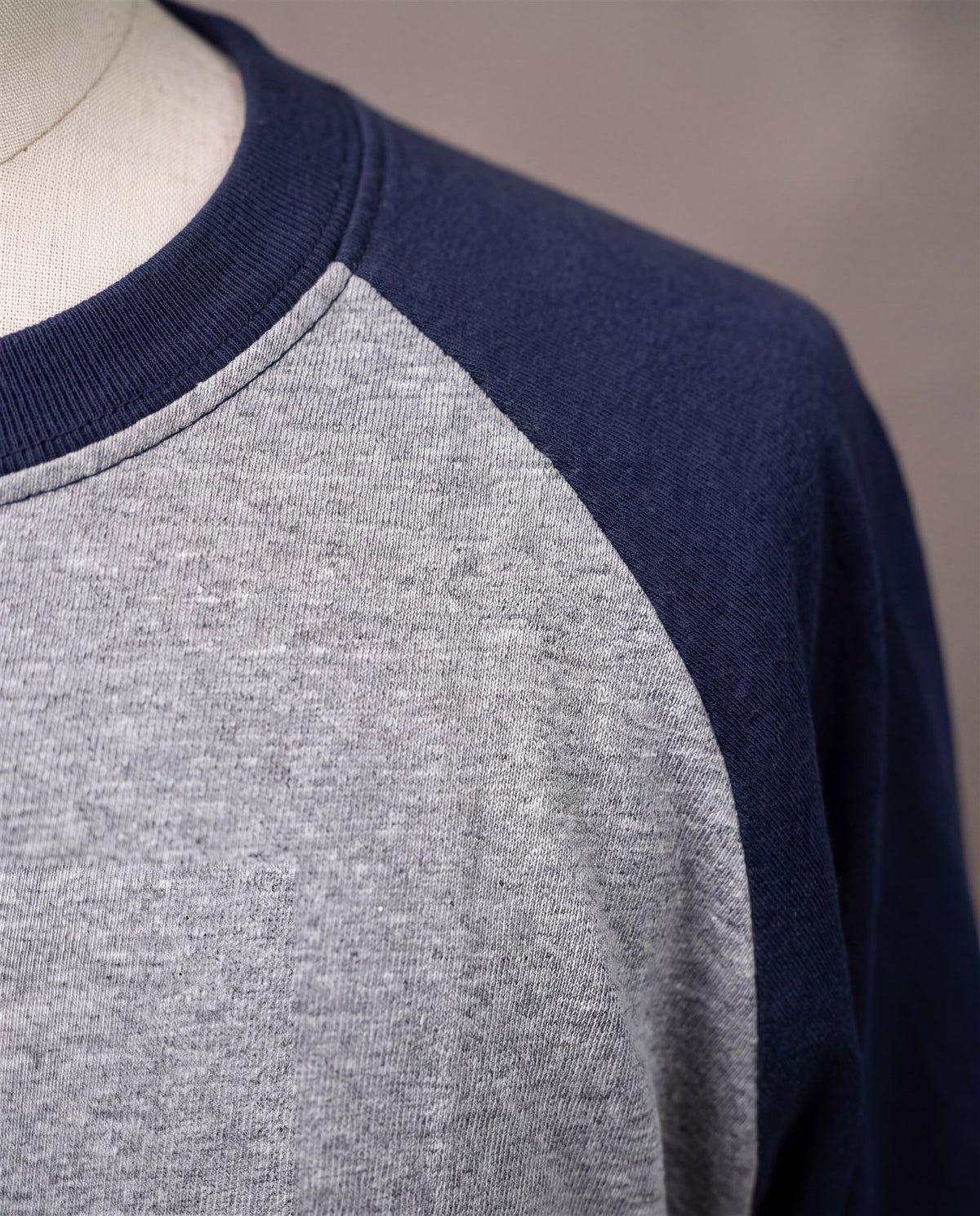 Hopper grey and navy raglan t-shirt, fabric and construction close-up