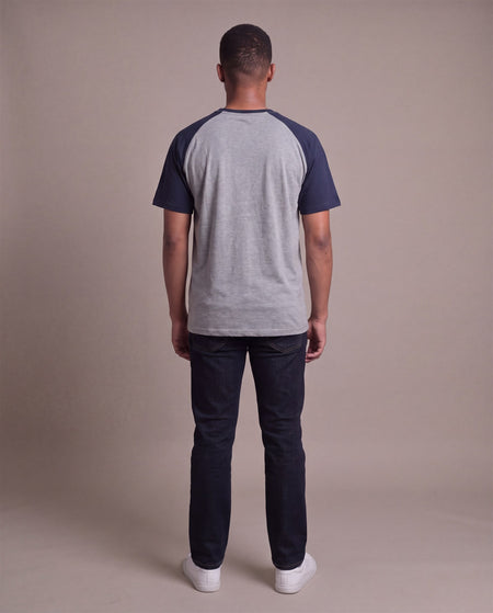 Hopper grey and navy raglan t-shirt worn by a model, back