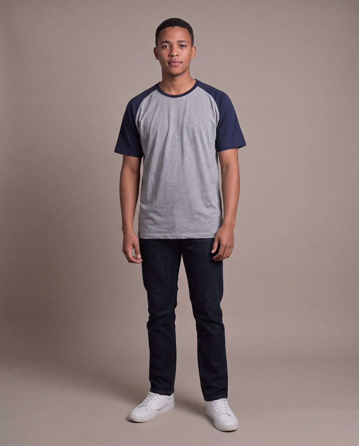 Hopper grey and navy raglan t-shirt worn by a model, front