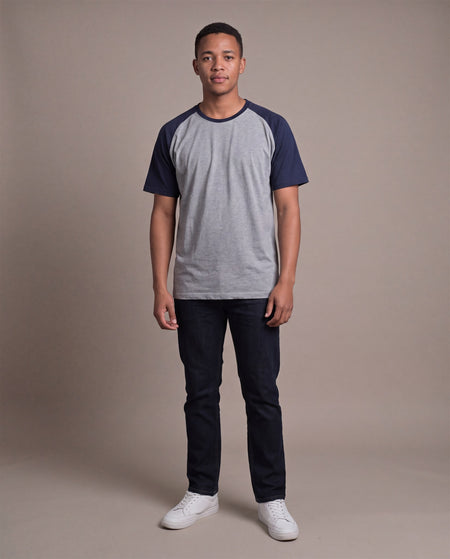 Hopper grey and navy raglan t-shirt worn by a model, front