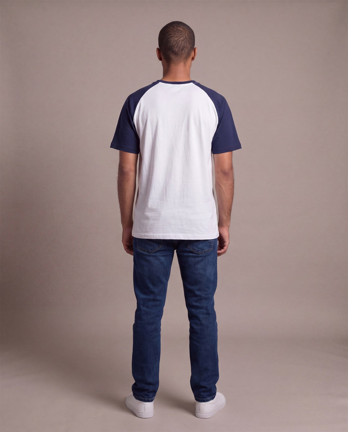Hopper white and navy raglan t-shirt, worn by a model, back