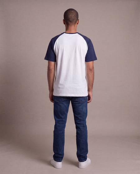 Hopper white and navy raglan t-shirt, worn by a model, back