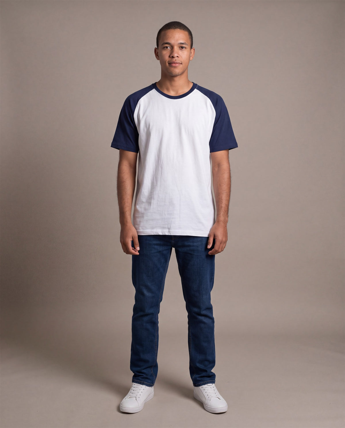 Hopper white and navy raglan t-shirt, worn by a model, front
