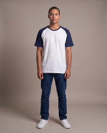 Hopper white and navy raglan t-shirt, worn by a model, front