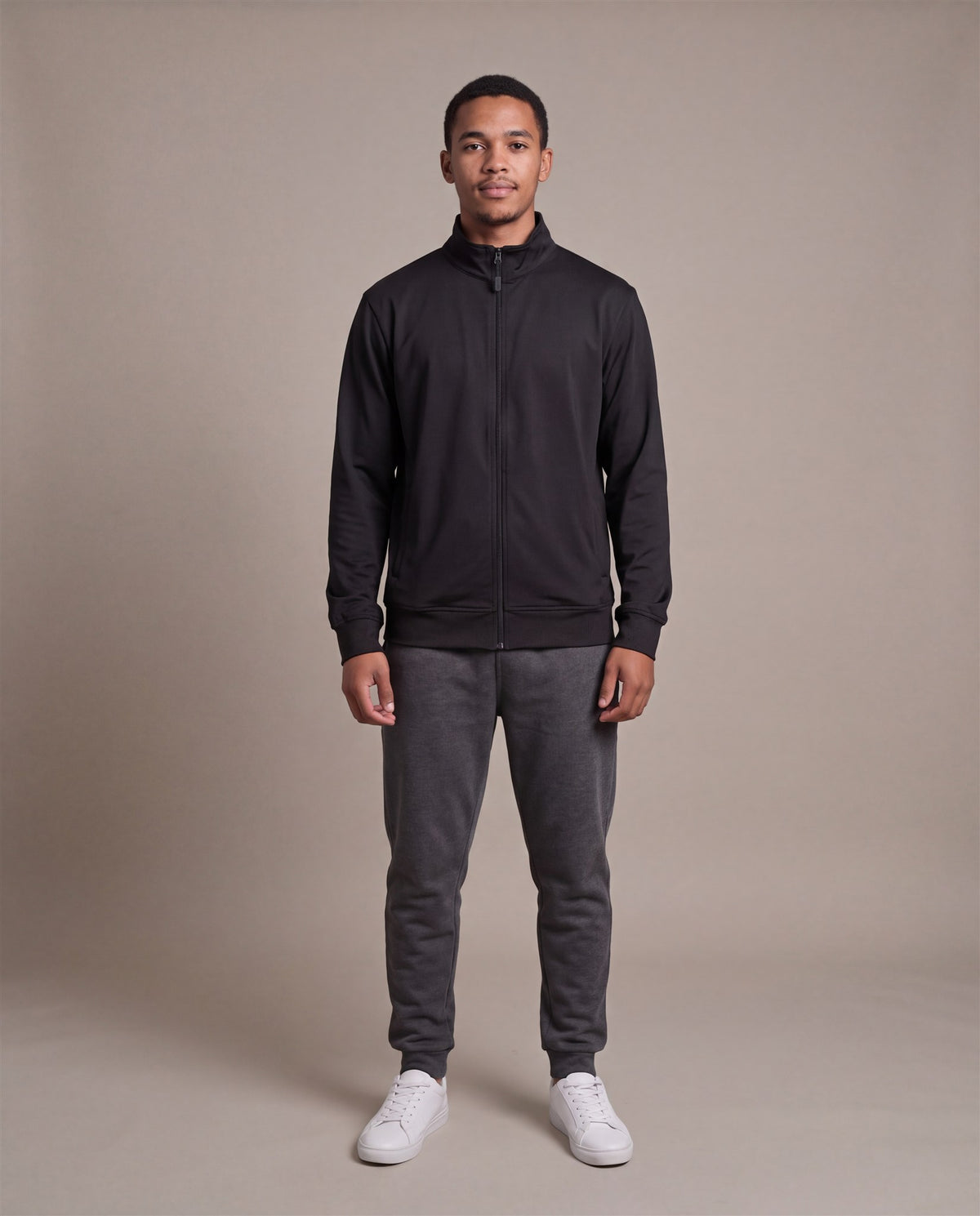 Hopper black zip jacket, worn by a model, front
