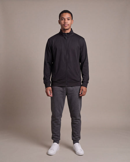Hopper black zip jacket, worn by a model, front