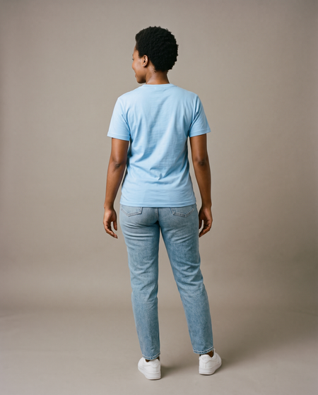 Hopper sky blue T160 round-neck t-shirt worn by a model, back view