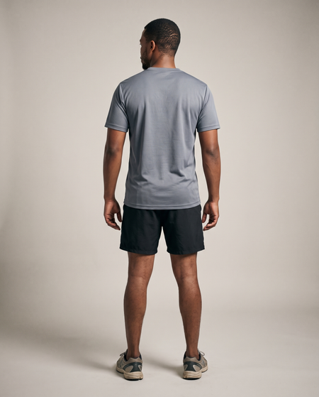 Hopper grey birdseye knit t-shirt worn by a model, back view
