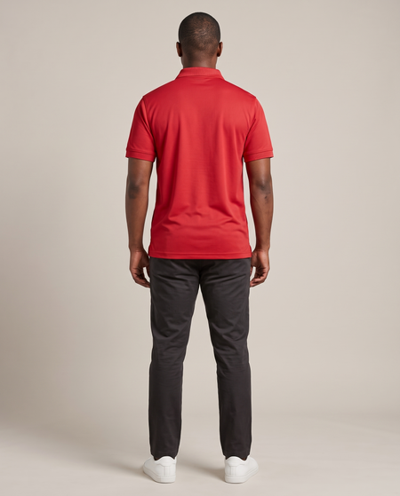 Hopper red G320 golf shirt worn by a model, back view