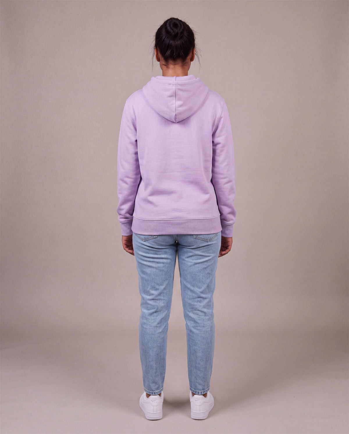 Hopper lilac pullover hoodie worn by a model, back view