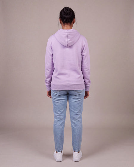 Hopper lilac pullover hoodie worn by a model, back view