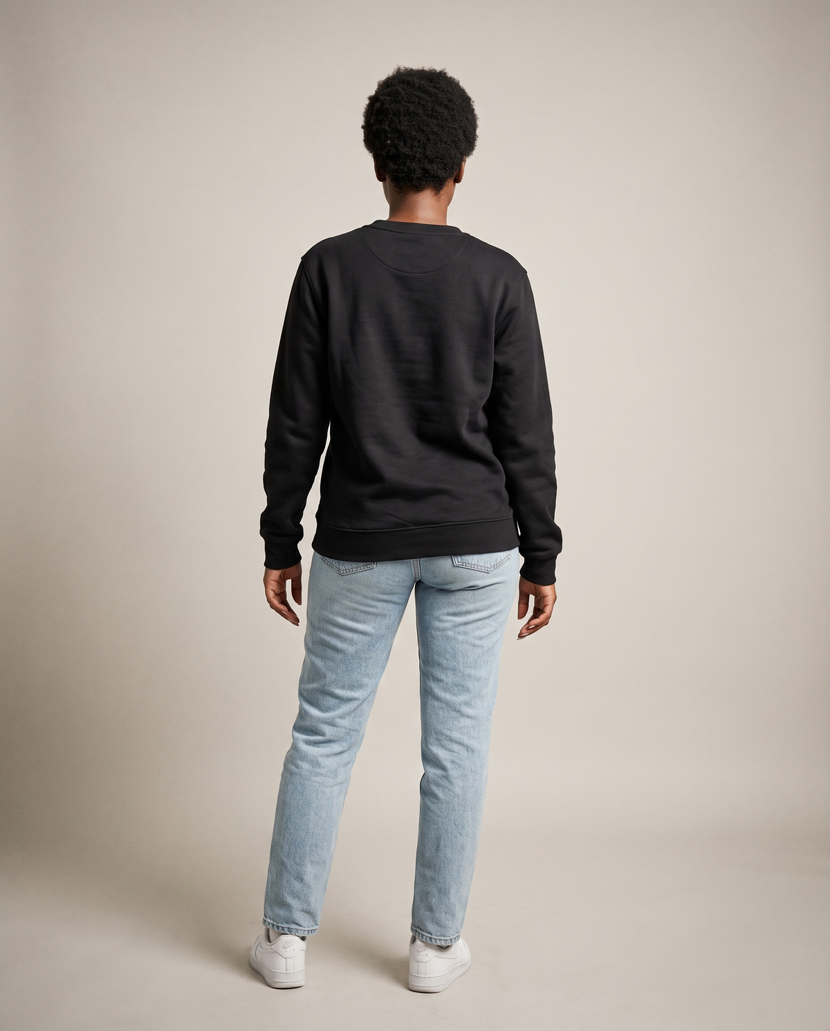Hopper black 320gsm crewneck sweater worn by a model, back view