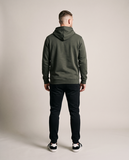 Hopper olive green 320gsm hoodie worn by a model, back view