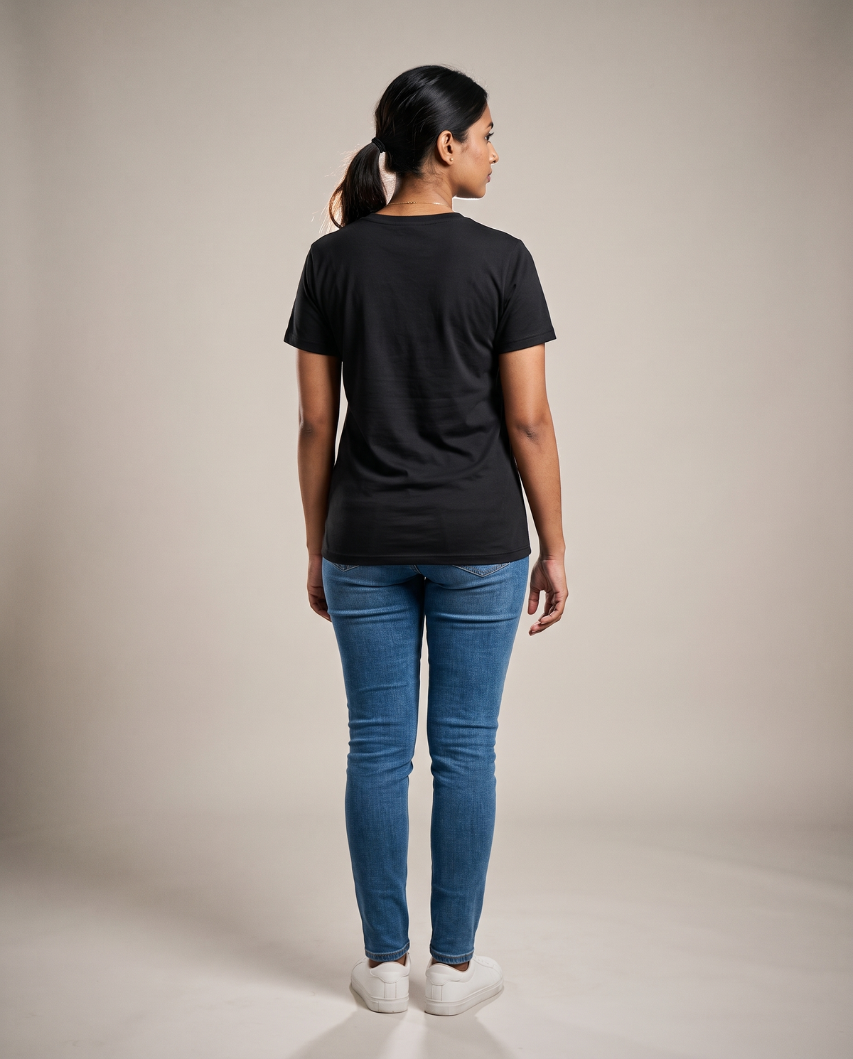 Hopper black V-neck t-shirt worn by a model, back view