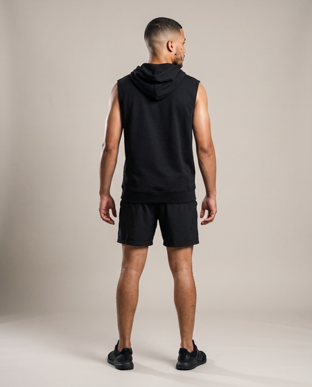 Hopper black sleeveless hoodie worn by a model, back view