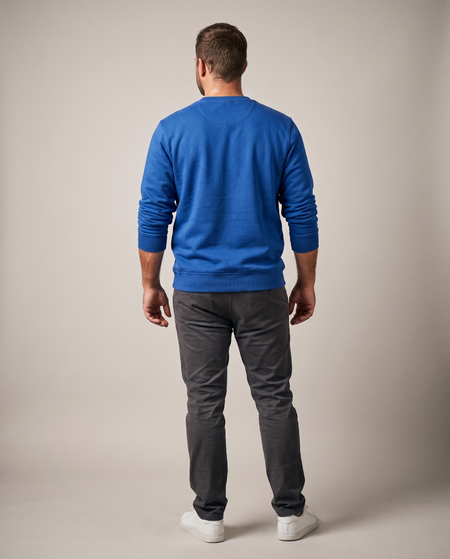 Hopper royal blue crewneck sweater worn by a model, back view