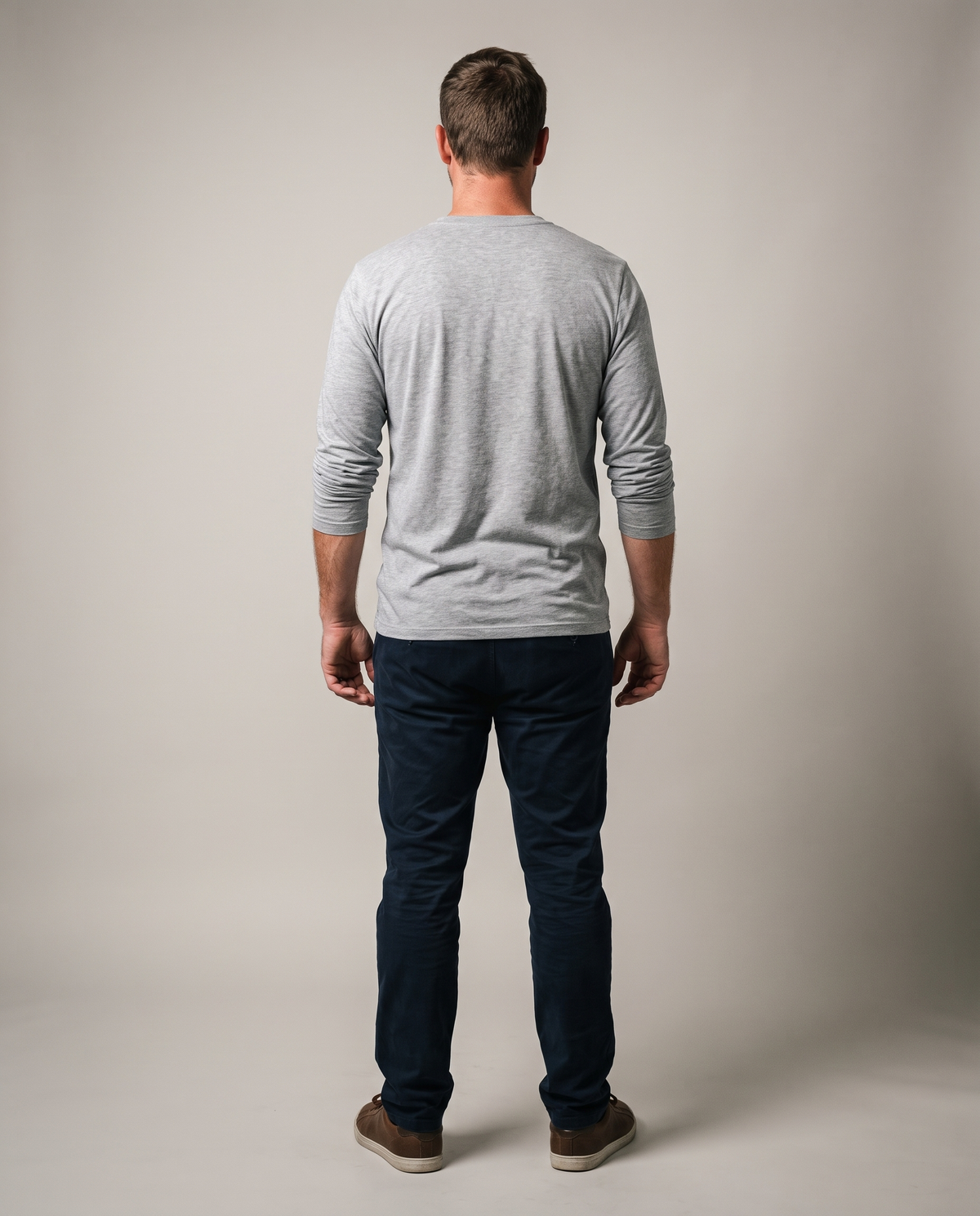 Hopper heather grey long-sleeve t-shirt worn by a model, back view