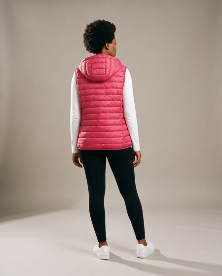 Hopper red sleeveless puffer gilet worn by a model, back view