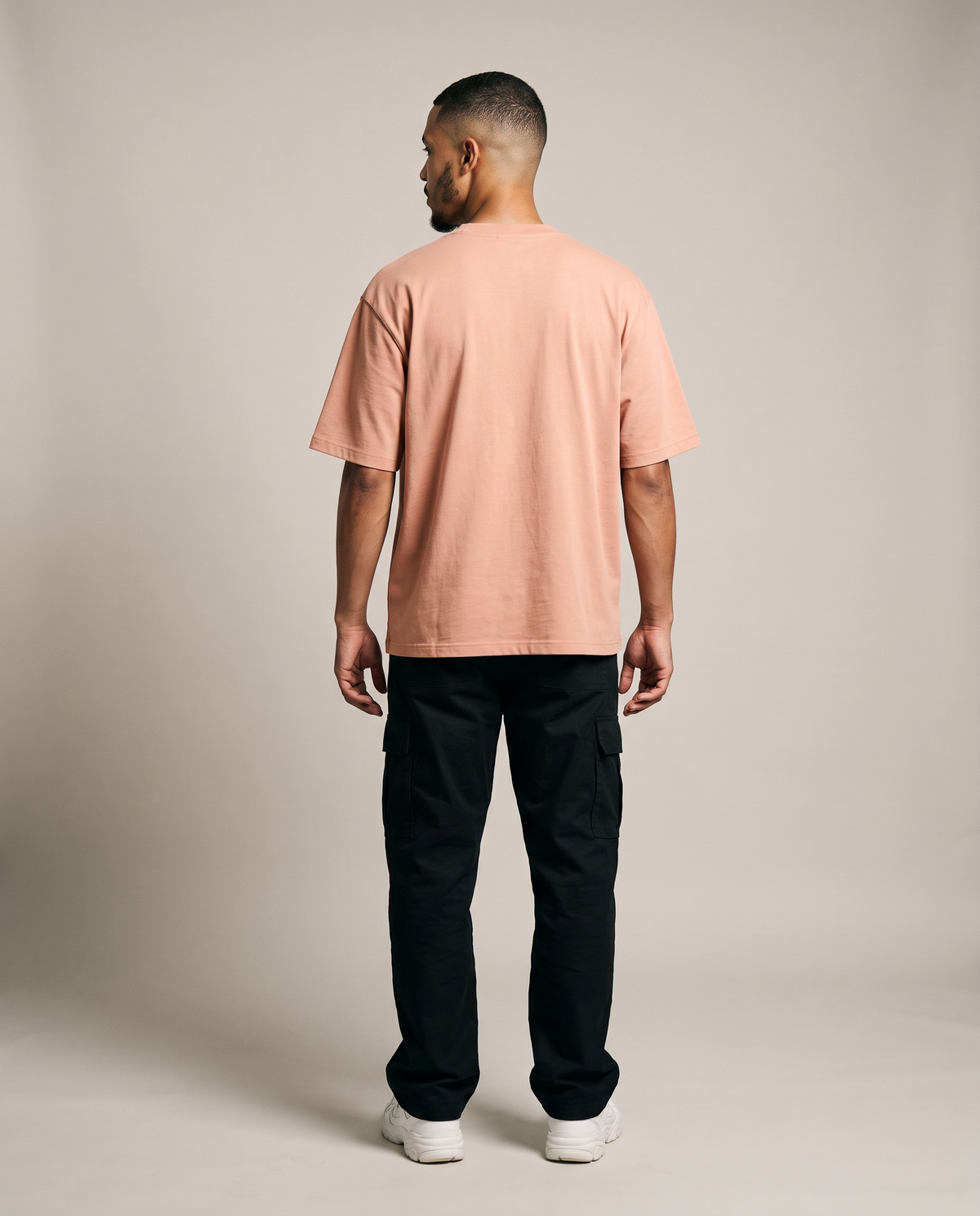 Hopper beige oversized t-shirt worn by a model, back view