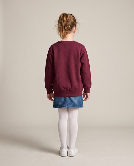 Hopper kids burgundy crewneck sweater worn by a model, back view