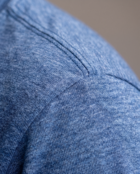 Hopper blue heather melange t-shirt, fabric and construction close-up
