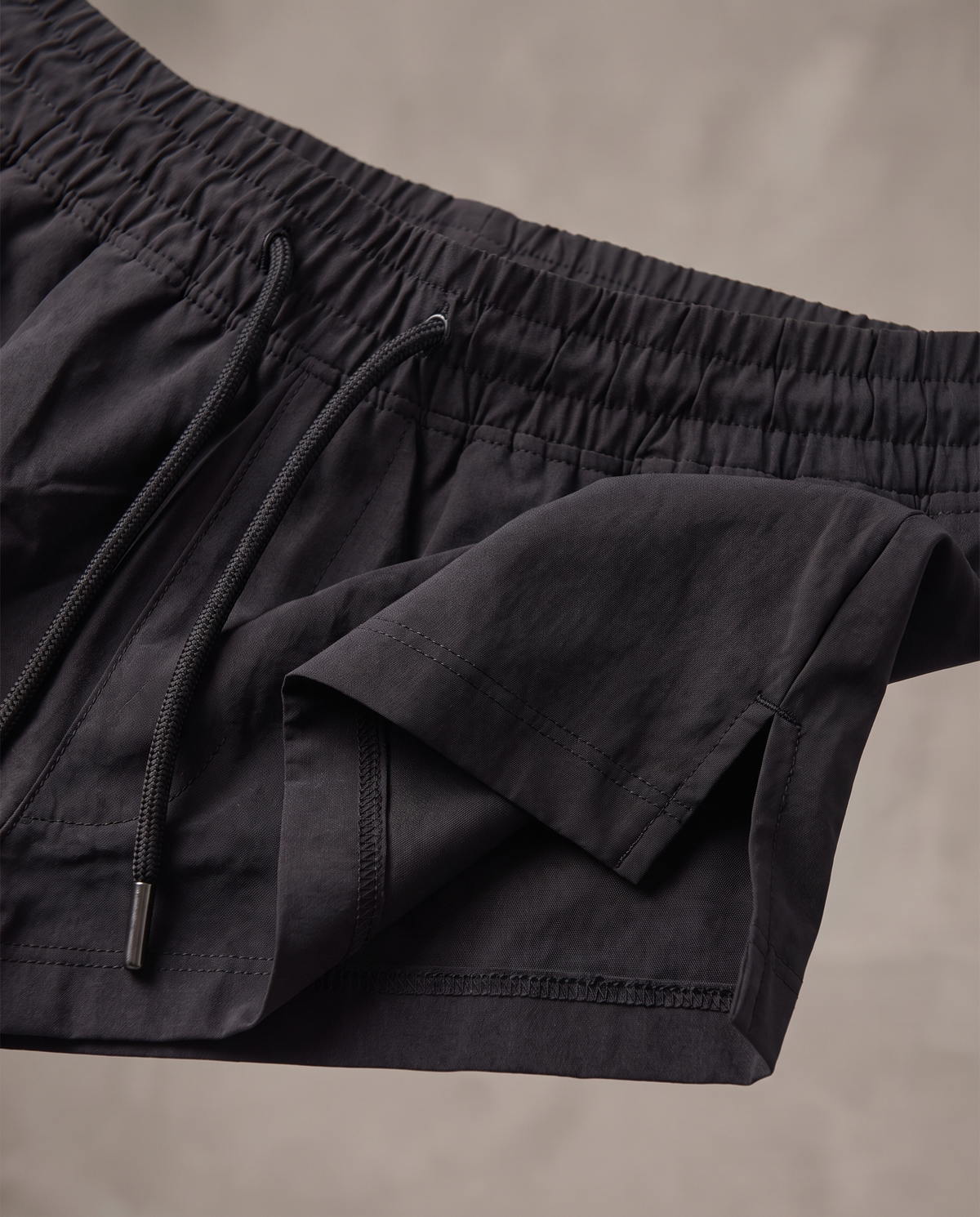 Hopper black sports shorts, fabric and construction close-up