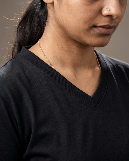 Hopper black V-neck t-shirt, fabric and construction close-up