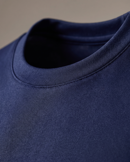 Hopper navy polyester t-shirt, fabric and construction close-up