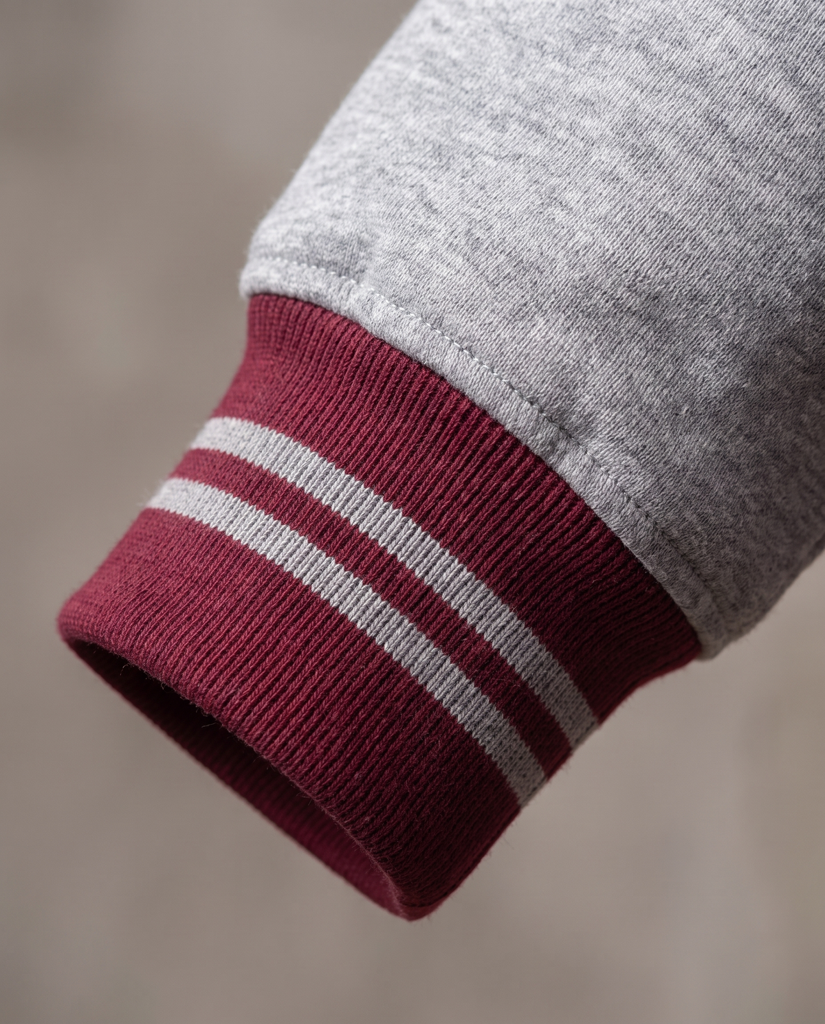 Hopper burgundy and grey varsity baseball jacket, fabric and construction close-up
