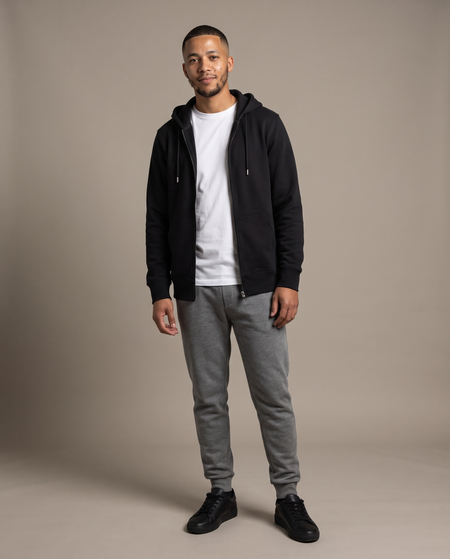 Hopper black zip hoodie worn by a model, front view
