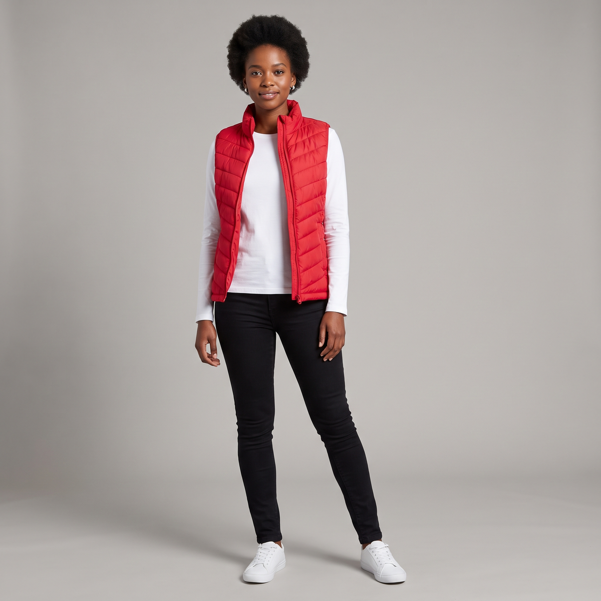 Hopper red sleeveless puffer gilet worn by a model, front view