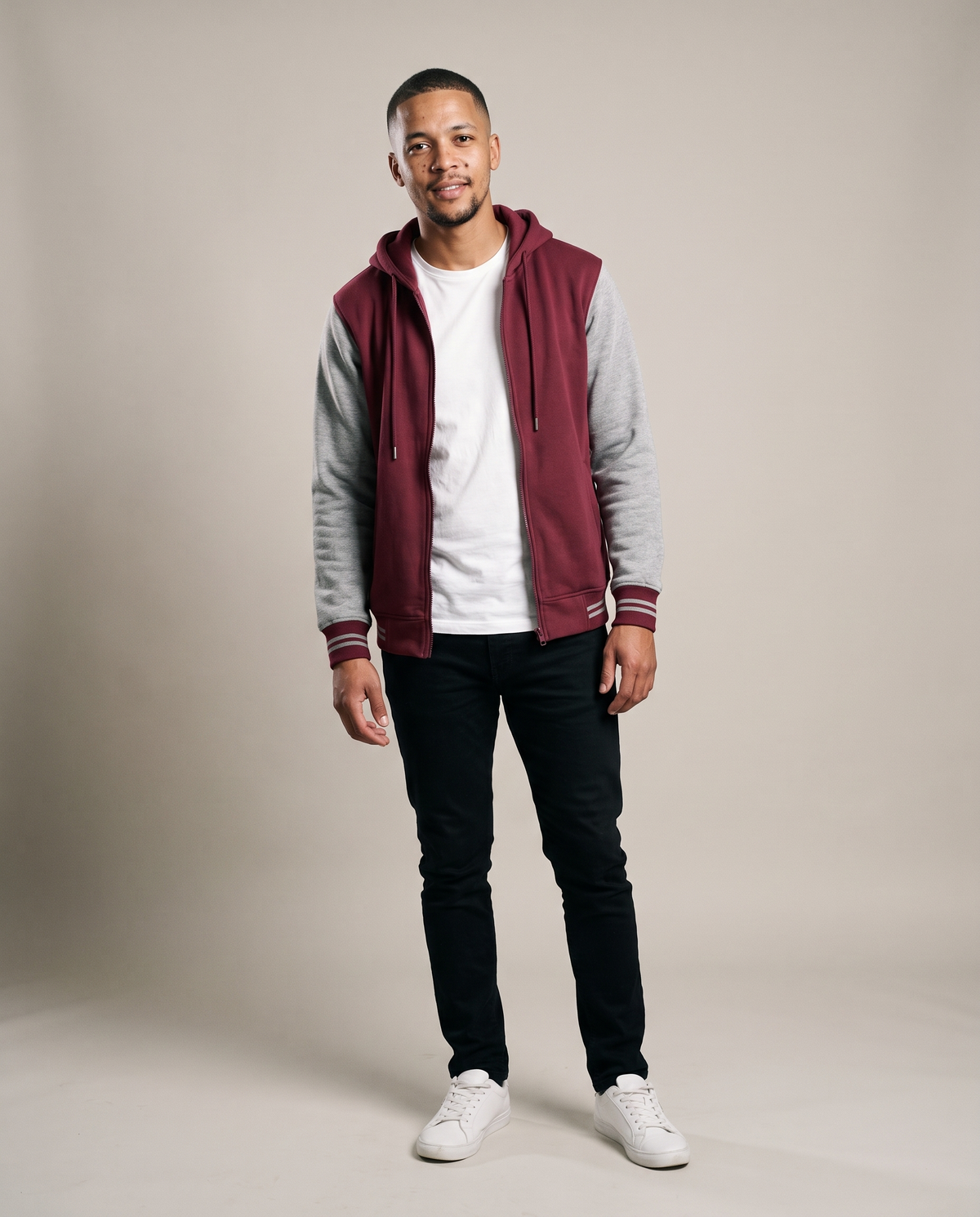 Hopper burgundy and grey varsity baseball jacket worn by a model, front view
