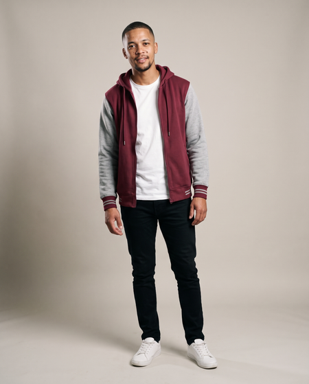 Hopper burgundy and grey varsity baseball jacket worn by a model, front view
