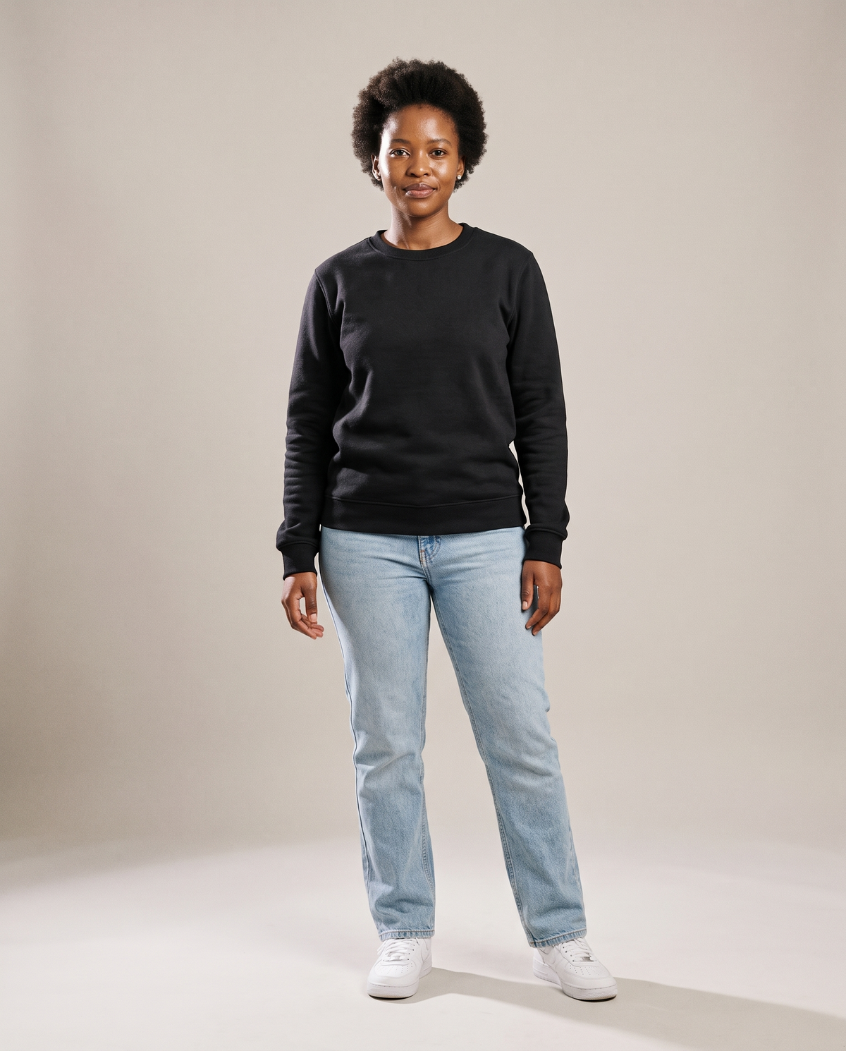 Hopper black 320gsm crewneck sweater worn by a model, front view