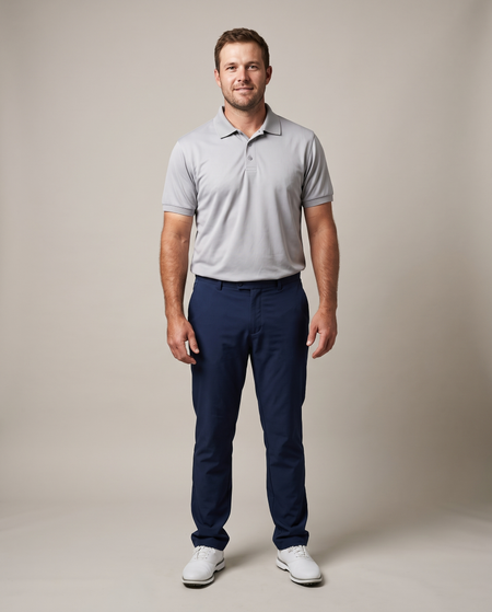 Hopper grey dry-fit golf shirt worn by a model, front view