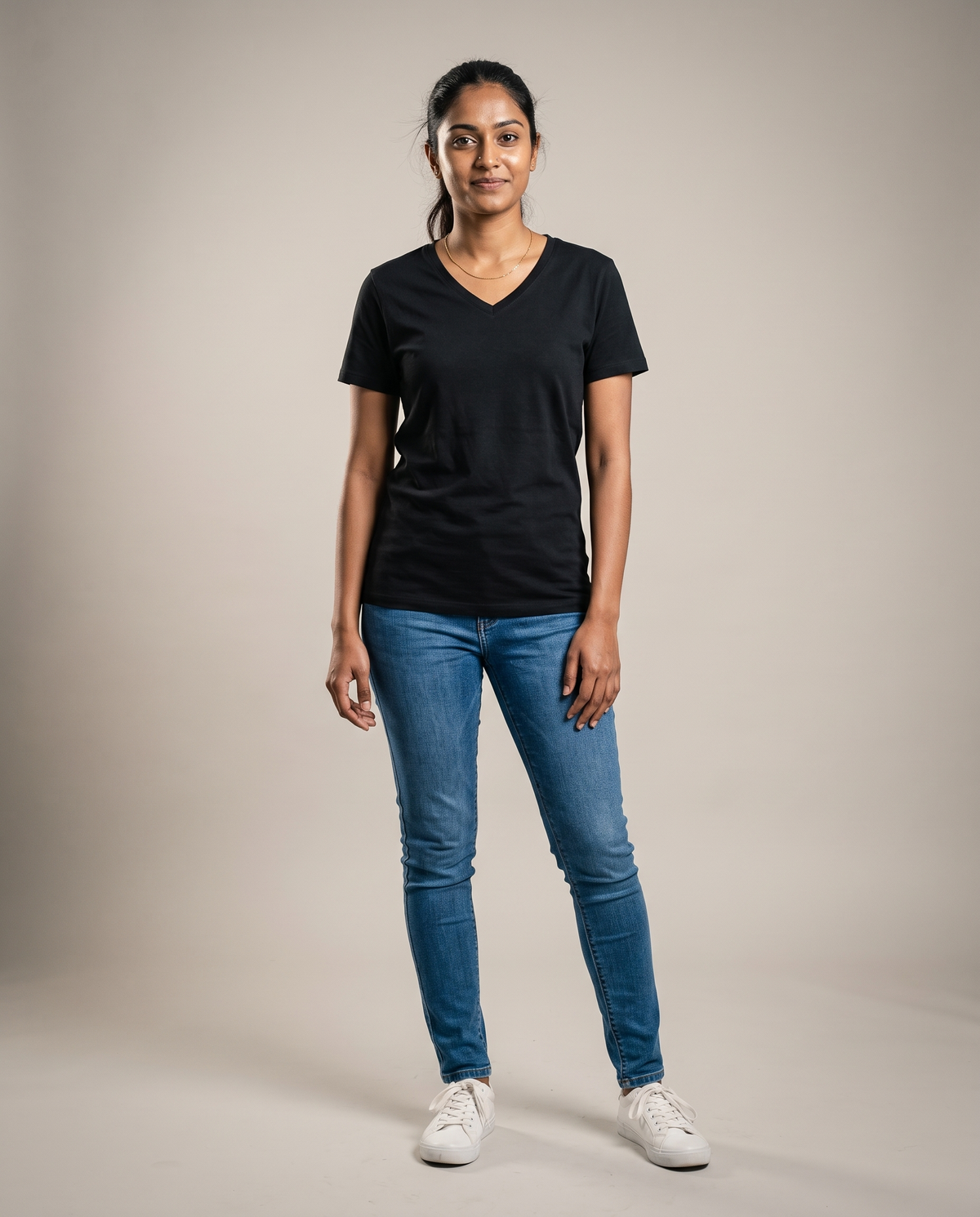 Hopper black V-neck t-shirt worn by a model, front view