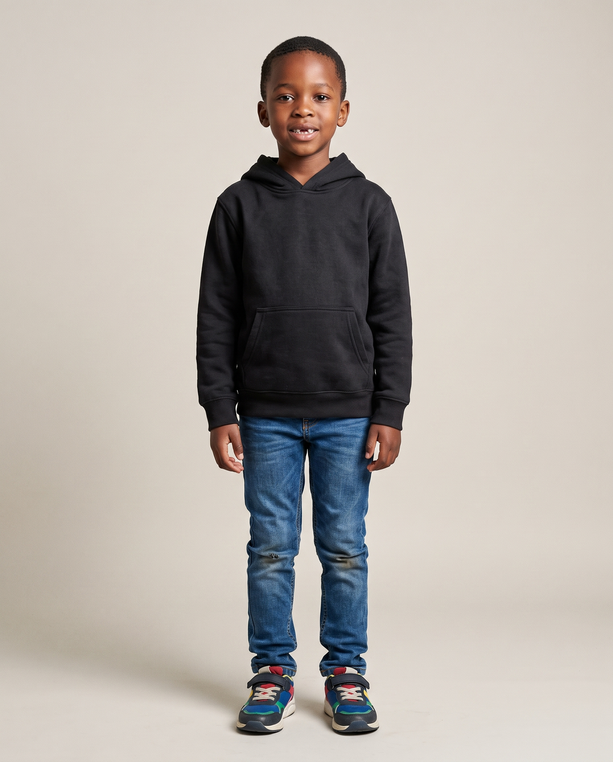 Hopper kids black hoodie worn by a model, front view