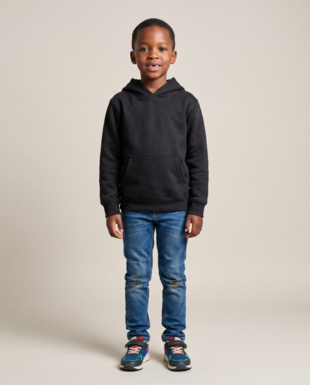 Hopper kids black hoodie worn by a model, front view