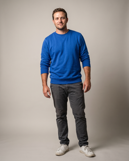 Hopper royal blue crewneck sweater worn by a model, front view