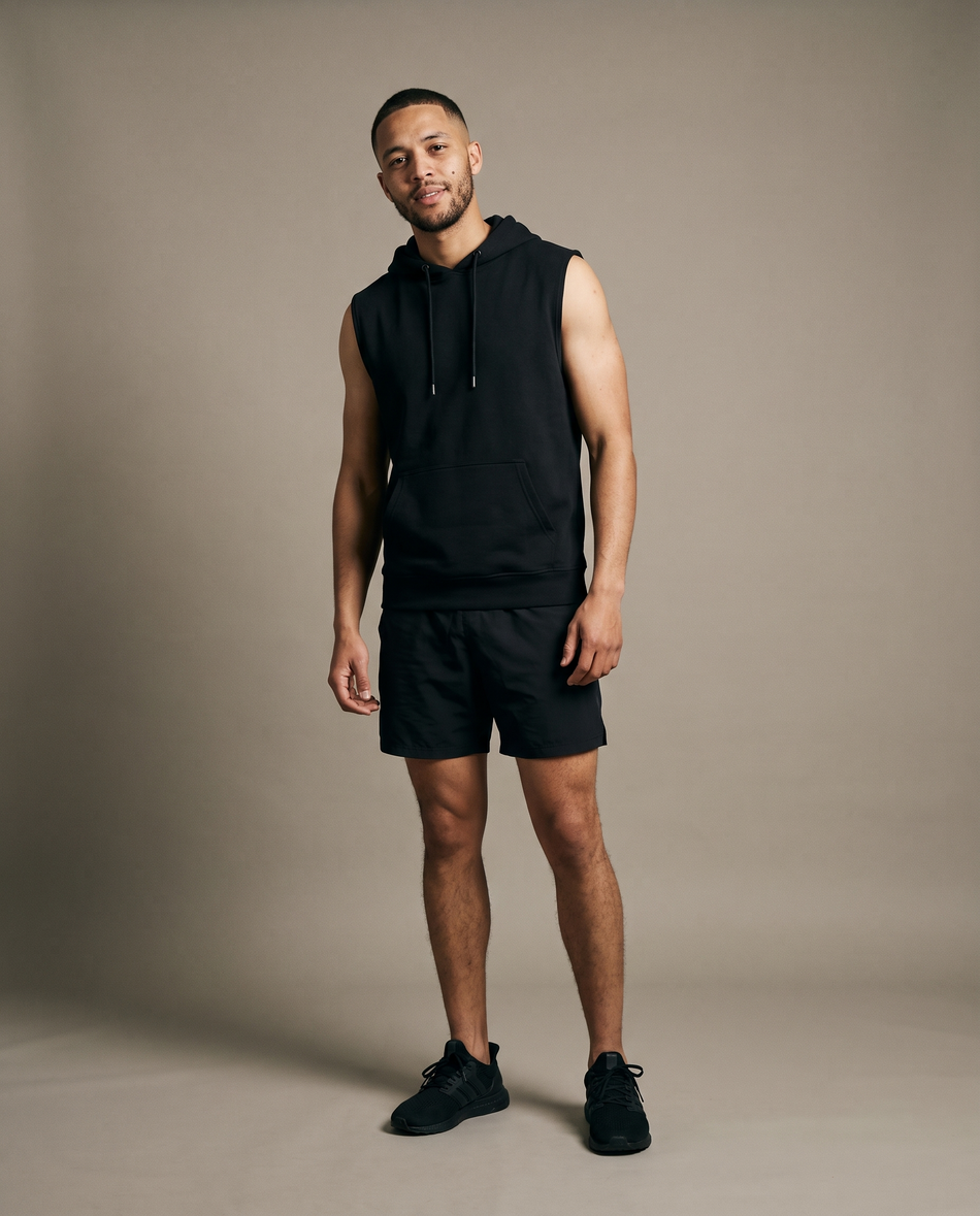 Hopper black sleeveless hoodie worn by a model, front view