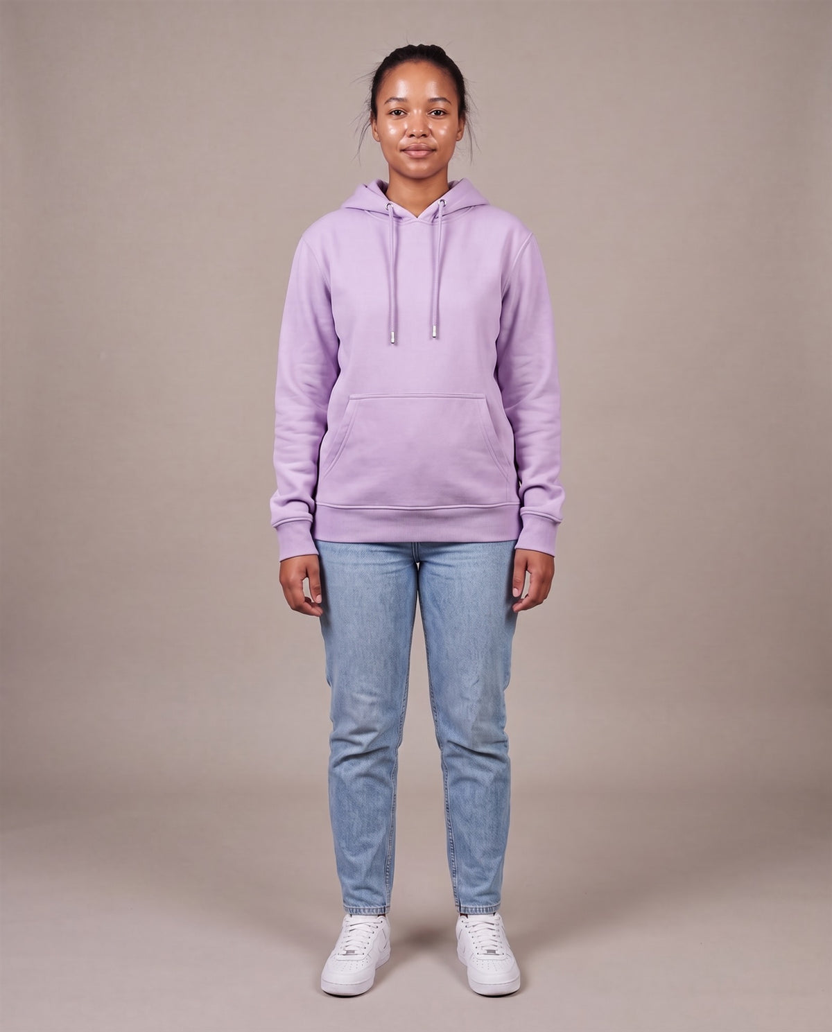 Hopper lilac pullover hoodie worn by a model, front view