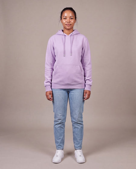 Hopper lilac pullover hoodie worn by a model, front view