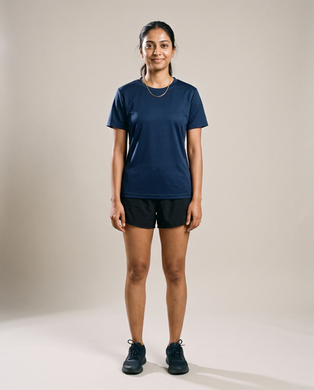 Hopper navy polyester t-shirt worn by a model, front view