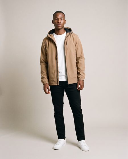 Hopper tan hooded windbreaker jacket worn by a model, front view
