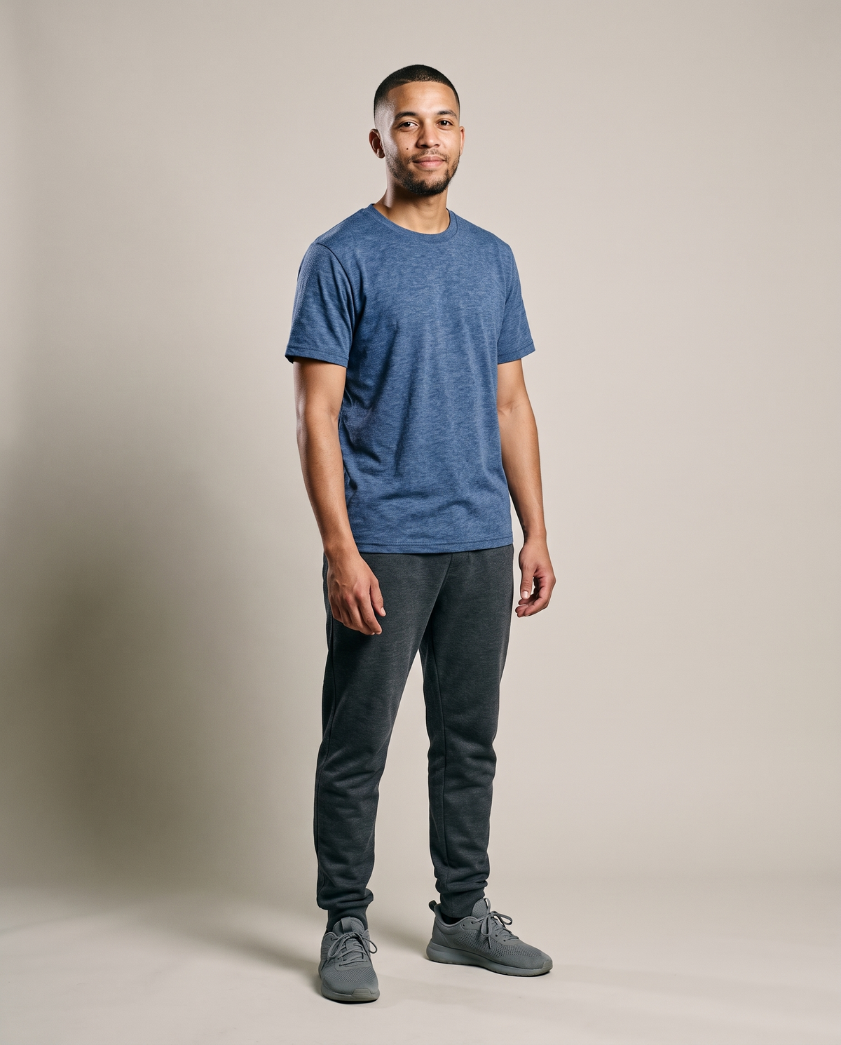 Hopper blue heather melange t-shirt worn by a model, front view